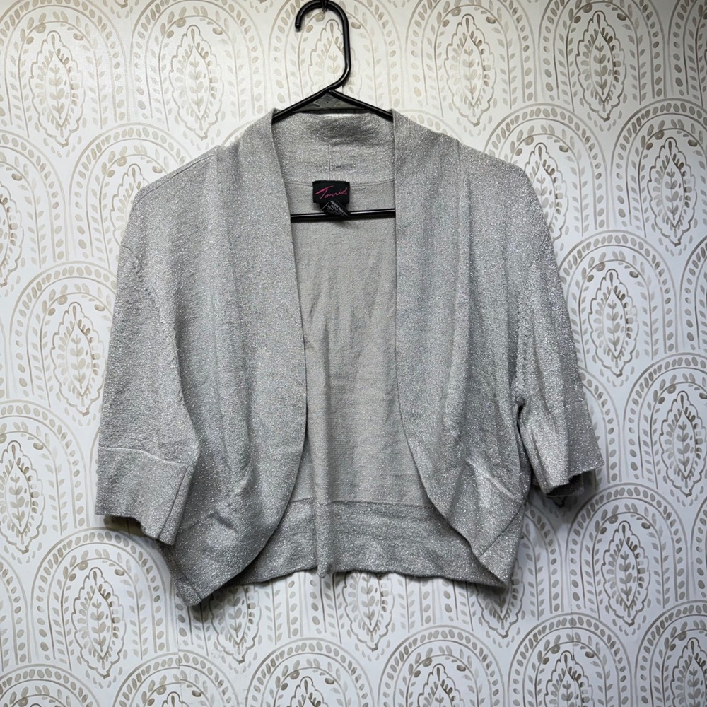 Torrid Shrug Cardigan Women 3 Silver Sparkly Metallic Lurex Cropped Open Front